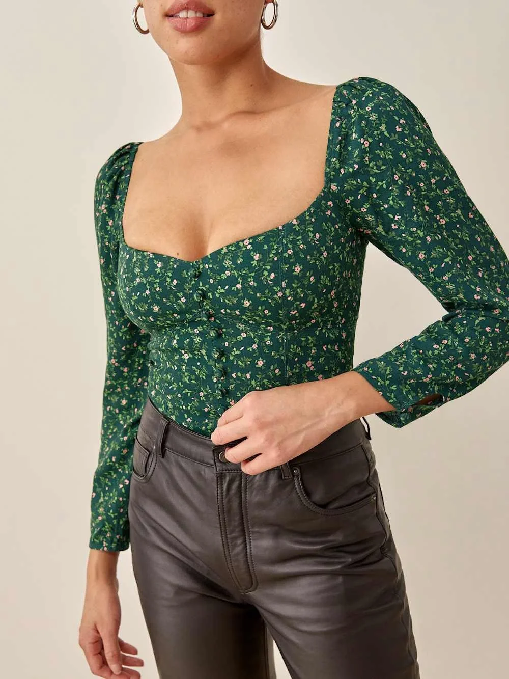 Reformation Clio Top Green Floral Long Sleeve Smocked Back Blouse 25926